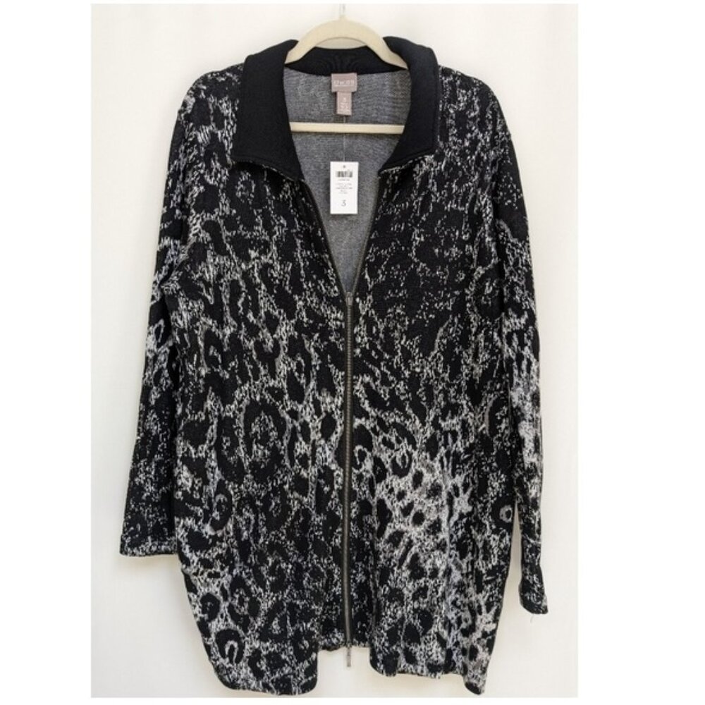 Chico's Black and Gray Animal-Print Zip Cardigan